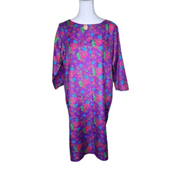 Vintage 70s Long Sleeve Floral Boho Caftan Shift Dress Womens Size L Purple - Picture 1 of 5